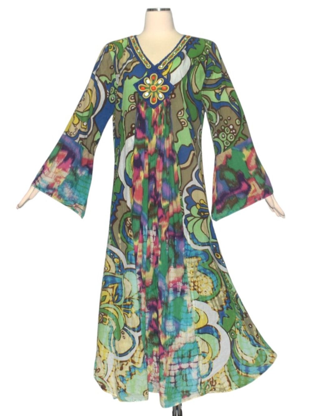 Boho Retro 70s Hippie Style Caftan Dress Swirl Print Flared Long Sleeve Cotton L